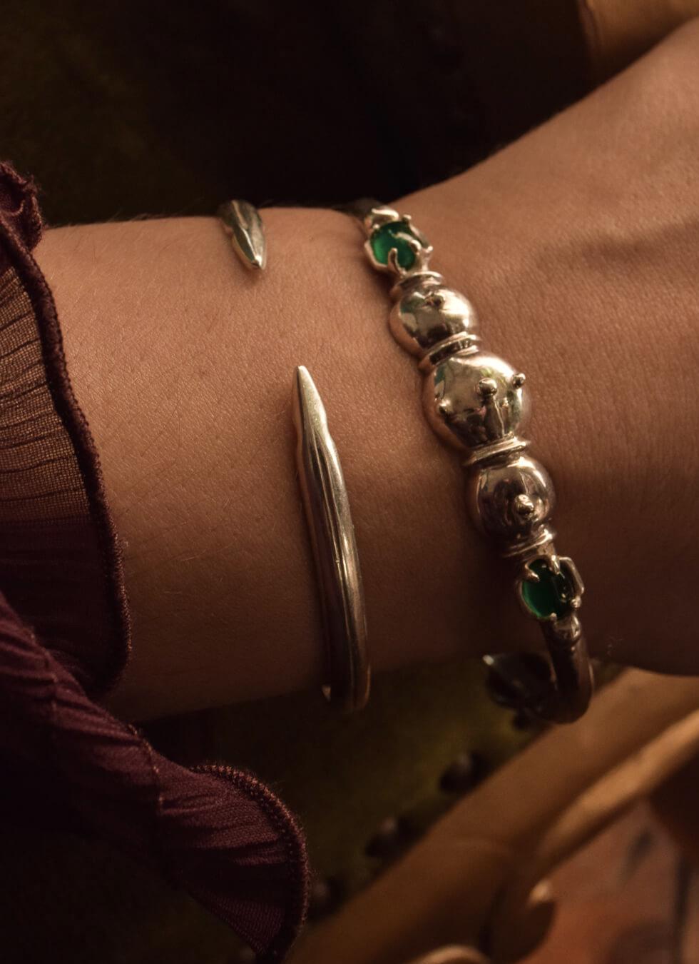 Bracelet Manchette Argent 925 Avec Onyx Vert Et Noir - Fait Main - Bijou Ethnique - Neuf Sans Emballage