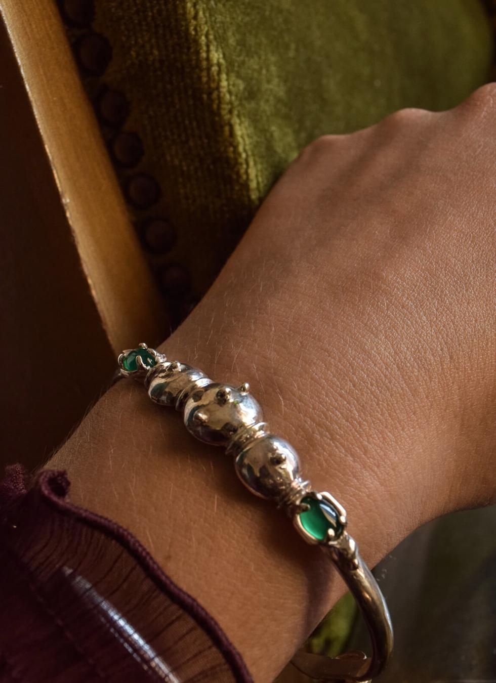 Bracelet Manchette En Argent 925 Avec Onyx Vert Et Noir - Fait Main - Neuf Sans Boîte