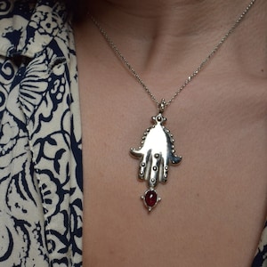 Hamsa Hand Pendant With Garnet, Sterling Silver Hamsa Hand, Hand of Fatima necklace, Silver Hamsa Hand Pendant