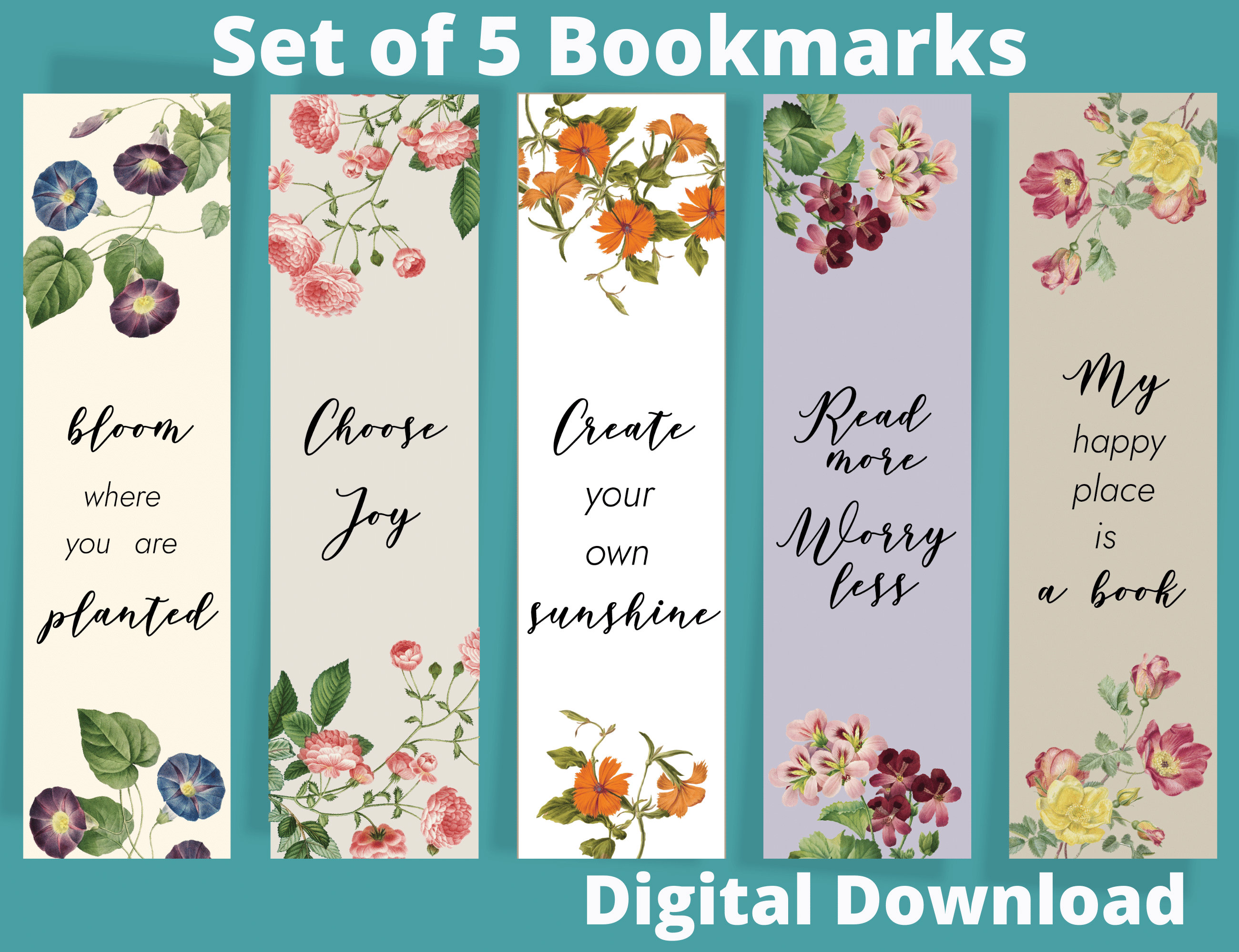 Vintage Floral Pattern Bookmarks Set of 5 Printable - Instant Download ...