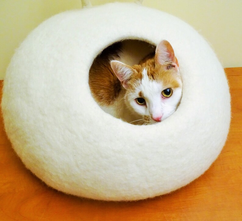 May include: A white felt cat bed shaped like a donut with a hole in the center. A white and orange cat is peeking out of the hole.