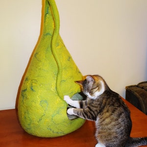 Könnte beinhalten: Ein grünes Filzkatzenbett in Tropfenform, in das eine Katze hineinschaut. Das Katzenbett hat eine strukturierte Oberfläche mit gelben und blauen Akzenten.