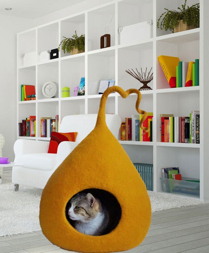 Felted Cat bed cave, Modern cat furniture, pet house, pet bed, igloo, cat nap cocoon, handmade natural wool, Pet Supplies image 4