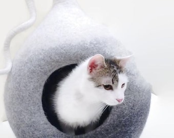 ECO Felted grey wool pet bed, cat cave, modern cat furniture, pet house, cat igloo, cat nap cocoon, hideaway, lair teepee Pet Supplies