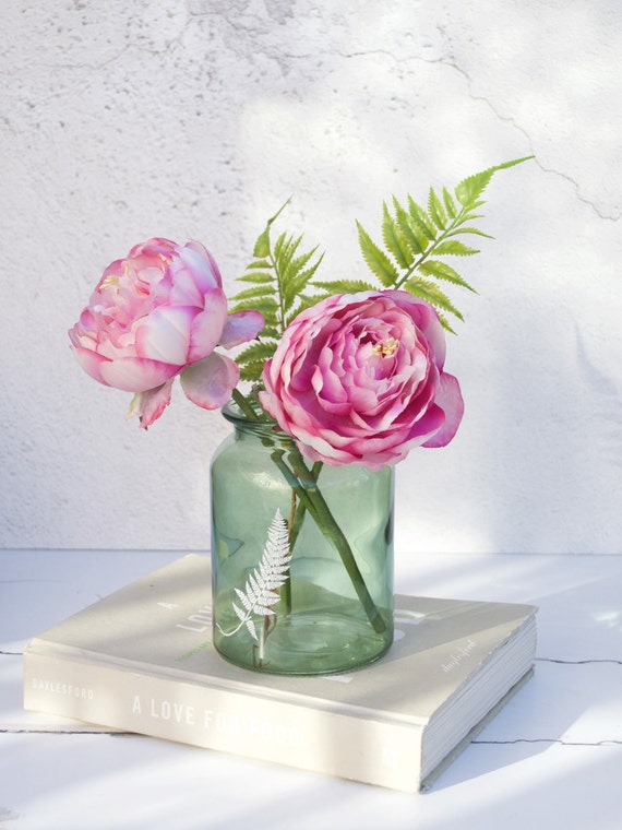Pink Artificial Peony Bouquet Green Vase Peony Bouquet Etsy