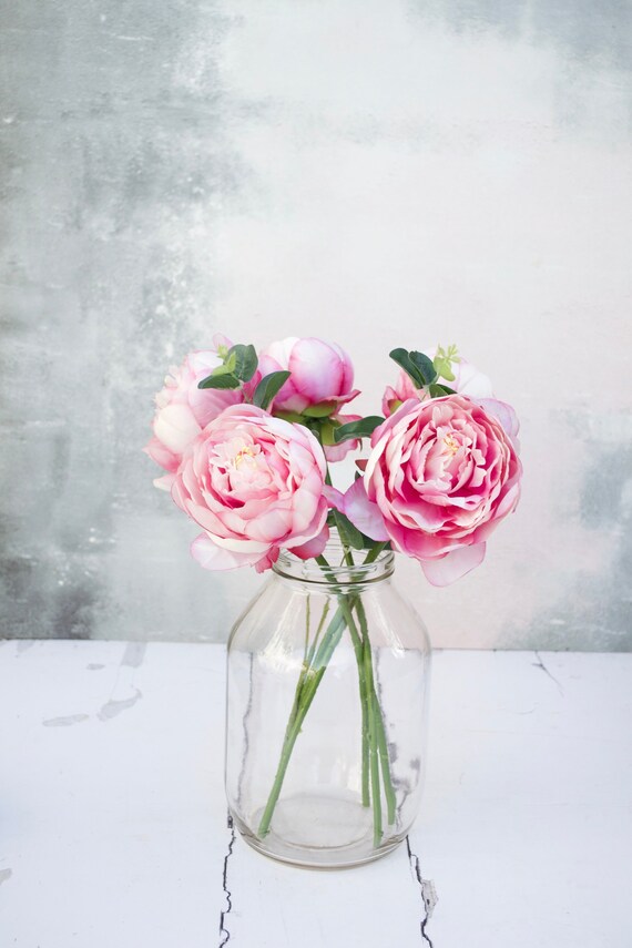 Soft Pink Peony Bouquet In Glass Vase Peony Bouquet Etsy