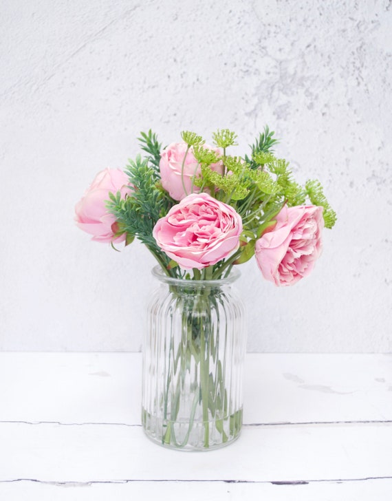 Pink Peony Bouquet In Glass Vase Peony Bouquet Artificial Etsy