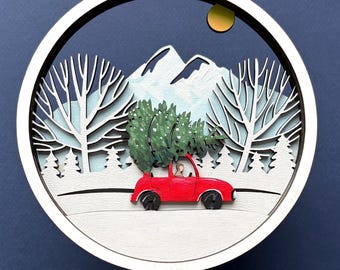 Christmas Truck Ornament SVG, Vintage Christmas Tree Laser Cut File, Layered Wood Ornament, Winter Scene DIY, Digital Download