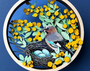 Bird Family Shadow Box SVG, jay bird, Layered Laser Cut File, Round Wood Wall Art, Nature Scene, Glowforge Cricut Template