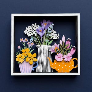 File di taglio laser floreale a strati, SVG di fiori con teiera, tazza e vaso, file Glowforge, decorazione murale 3D in legno, decorazione fai-da-te CNC