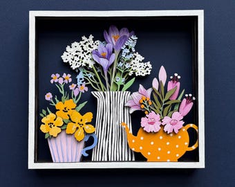 Layered Floral Laser Cut File, Flower SVG with Teapot Cup and Vase, Glowforge File, 3D Wood Wall Art, CNC DIY Decor