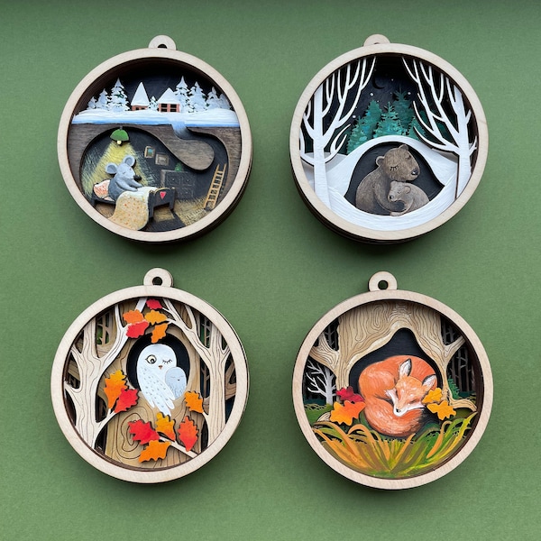Christmas winter ornament laser cut Set of four, Multilayer cozy ornament cnc files, home decoration Laser cut, Bear, fox, owl ornament svg