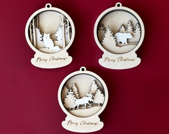 Christmas ornaments layered woodland deer svg bear svg fox ornament forest wall art snow globe ornament