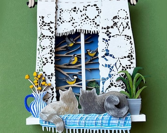 Cat Shadow Box SVG Laser Cut File, Layered Wood Cat Wall Art Template, Cozy Window Scene, Glowforge Cricut File, Sellable Design