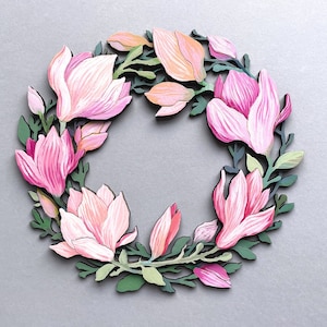 Magnolia svg ghirlanda di fiori a strati ghirlanda file tagliati al laser, taglio laser decorazione della parete, per file cnc arredamento porta d'ingresso, ghirlanda floreale in formato svg
