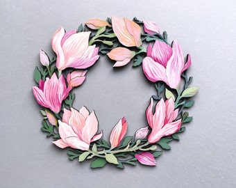 Magnolia svg wreath layered flowers wreath laser cut files, wall decor laser cut, for front door decor cnc file, floral wreath svg