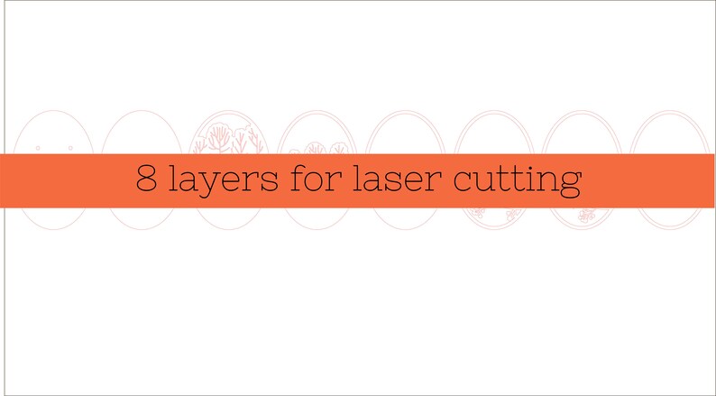 Puede incluir: Ocho capas de un dise&ntilde;o cortado con l&aacute;ser, cada capa es una forma diferente de huevo con varios patrones. El texto "8 capas para corte l&aacute;ser" se muestra en el centro de la imagen.