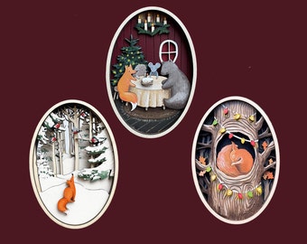 Waldtiere Wald Nersery Dekor Fuchs Ornament Vogel Kunst Weihnachtsschmuck SVG Laser geschnittene Dateien Eichhörnchen im Loch