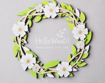 Flowers wreath with daisies Laser cut, wall decor laser cut files, multilayer wooden wreath for front door decor cnc file, floral wreath svg