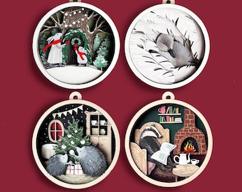 Christmas winter ornament hedgehog svg badger swan multilayer cozy ornament cnc files laser cut bunny svg set of four bunny ornament