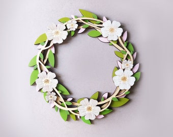 Flowers wreath with daisies Laser cut, wall decor laser cut files, multilayer wooden wreath for front door decor cnc file, floral wreath svg