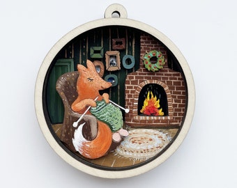 Christmas ornament laser cut files fox svg fox ornament with fireplace winter cozy theme