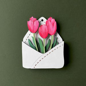 Sobre de flores SVG, tulipanes SVG, archivos cortados con láser, sobre floral, archivos CNC, letras de flores, arte floral