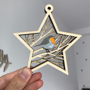 Bird Robin ornaments in star for christmas decoration Laser cut files, decor christmas laser svg, Multilayer Christmas tree star cnc file
