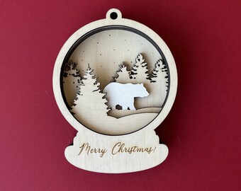 Christmas ornaments layered woodland bear svg forest wall art bear ornament snow globe ornament