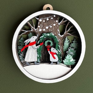 Ornements de Noël lapin svg lapin bois pépinière décor bois animaux Noël svg décor de Noël fichiers découpés au laser maison de lapin