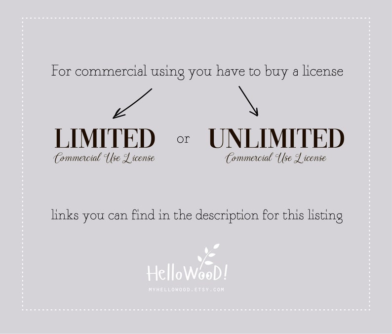 May include: Text graphic with the words "For commercial using you have to buy a license" above two arrows pointing to the words "LIMITED Commercial Use License" and "UNLIMITED Commercial Use License". Below the text is the phrase "links you can find in the description for this listing" and the text "Hello Wood! MYHELLOWOOD.ETSY.COM".