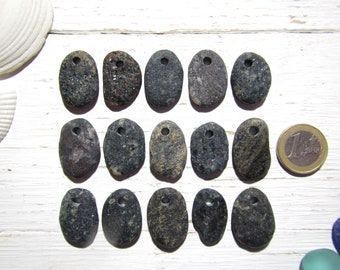 Medium Top Drilled Gray Granite Pebbles, 3 mm Holes, Set of 15, Bulk Drilled Beach Stones, Stones For Crafts, Stone Beads, Pebble Pendants
