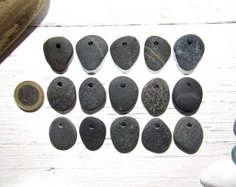 Medium Top Drilled Granite Pebbles, 3 mm Holes, Set of 15, Bulk Drilled Beach Stones, Stones For Crafts, Stone Beads, Pebble Pendants