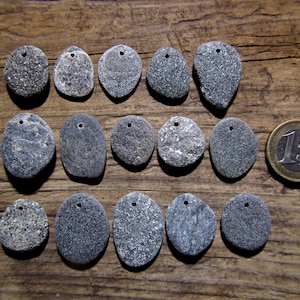 Top Drilled Shiny Gray Pebbles, Stones with Mica Glitters, Set of 15, Bulk Drilled Beach Stones, Stones For Crafts, Beach Pebble Pendants