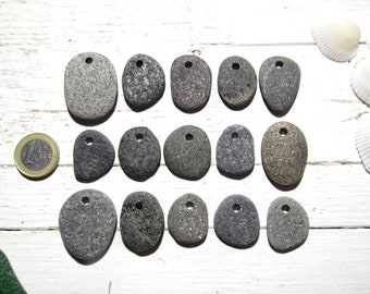 Shiny Top Drilled Flat Granite Pebbles with Mica, M-L, 3 mm Holes, Set of 15, Pebble Pendants, Bulk Drilled Beach Stones, Stones For Crafts