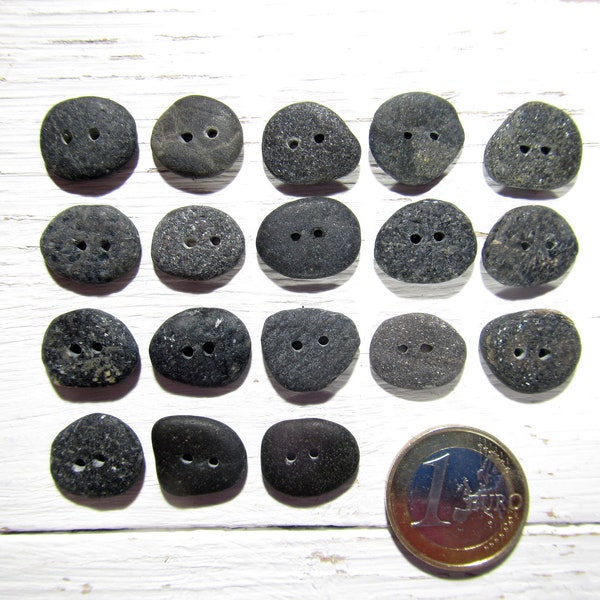 Small Beach Pebble Buttons 16-18mm, Black Granite Buttons, Set of 18, Drilled Stones, Stones for Crafts, Sewing Knitting Button Supplies