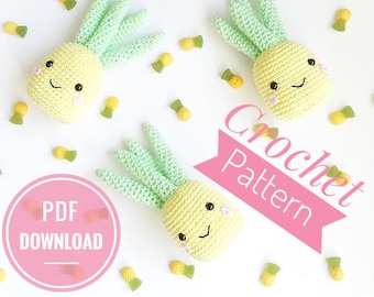 Padrão de Crochê de Abacaxi Kawaii - Download instantâneo de PDF - Amigurumi, Abacaxi de Crochê, Abacaxi Amigurumi, Família Abacaxi