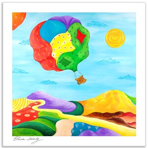 May include: A colorful patchwork hot air balloon floats above a landscape of green, purple, and yellow hills. The balloon has a red, green, blue, yellow, and purple patchwork design. The sun is shining in the blue sky.