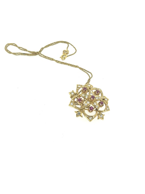 Art Nouveau Ruby Diamond Brooch Pendant / Gold Ru… - image 1
