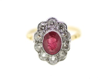 18ct Art Deco Ruby and Diamond Ring / Antique Ruby Diamond Surround Ring / Natural Ruby Diamond Statement Ring / Vintage Ruby Diamond Ring