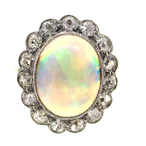Art Deco Opal and Diamond Ring / Large Opal Ring / Opal Diamond Gold Band / Vintage Opal Ring / Vintage Opal Diamond Gold Ring / White Opal