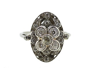 Platinum Oval Diamond Cluster Ring / Art Deco Diamond Cluster Ring / Oval Cluster Ring / Vintage Platinum Diamond Statement Ring / Statement