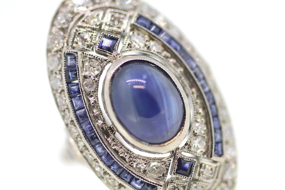 18ct Art Deco Sapphire Ring / Art Deco Diamond Sa… - image 2