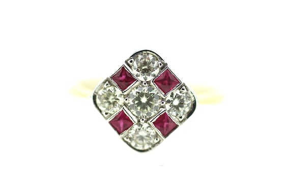 Art Deco Ruby Diamond Ring / Art Deco Chequer Ring