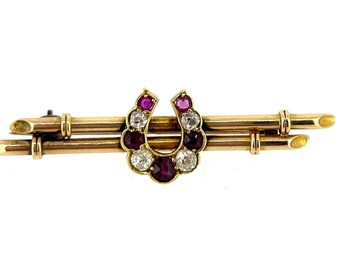 18 kt goud, robijn en diamant Victoriaanse broche/vintage broche/jaren 1800/gouden broche/vintage sieraden/diamanten broche/robijnrode broche.