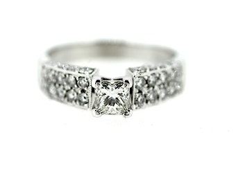 Vintage Square Engagement Ring /Square Solitaire Diamond Ring / Diamond Shank Diamond Ring /Princess Solitaire Ring /White Gold Diamond Ring