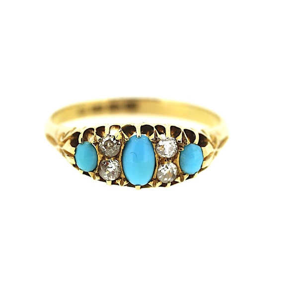 Edwardian Turquoise and Diamond Ring / Chester Hallmark / Edwardian Turquoise Ring / Antique Turquoise Diamond Ring / 18ct Edwardian Ring