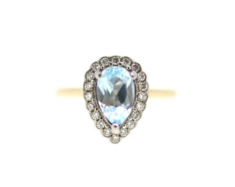 Aquamarine Diamond Ring / Pear Shape Aquamarine Ring /Diamond Halo Aquamarine Ring / Light Blue Ring / Aquamarine Gemstone Diamond Halo Ring