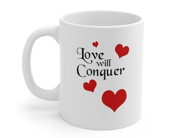 Love will conquer and Chi Rho sign mug