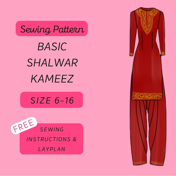 Kurta/Kurti/Kameez & Shalwar/Salwar Hosen A4/A0 PDF Schnittmuster Größen 6-16 (Asiatische, Indische Mode, Damenmode, Pakistanische Mode)